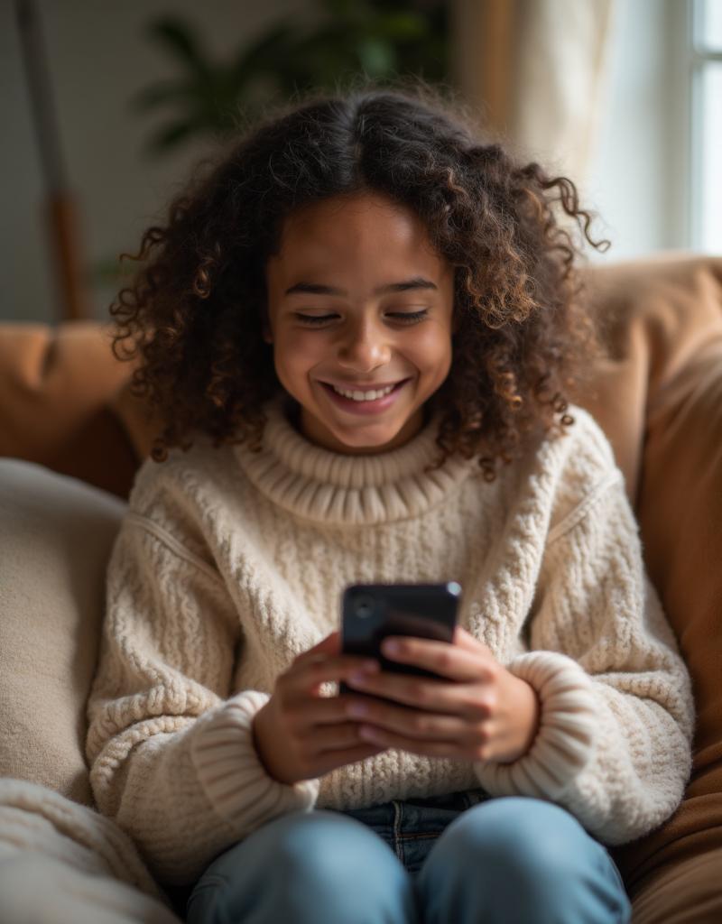 Happy teenager using phone safely