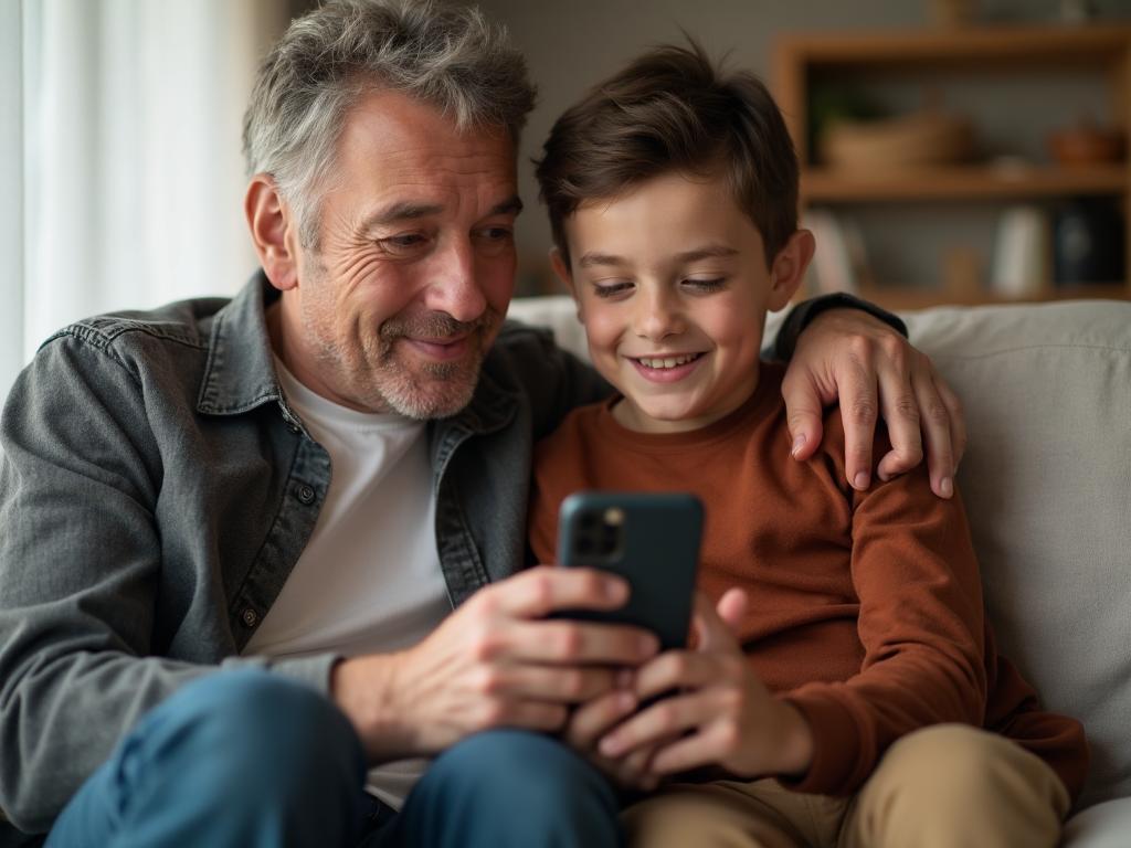 Parent and child using phone together